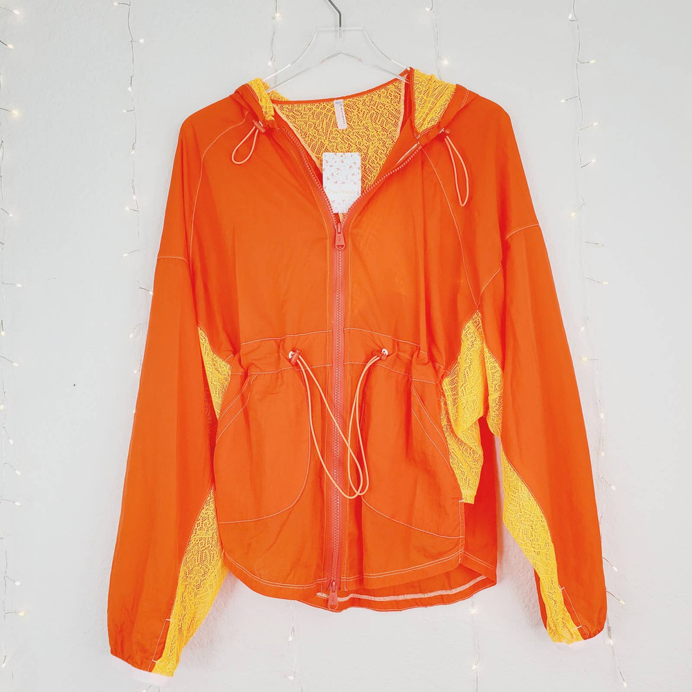 Free People One More Mile Orange Lace Jacket XS New Lightweight Windbreaker Hood